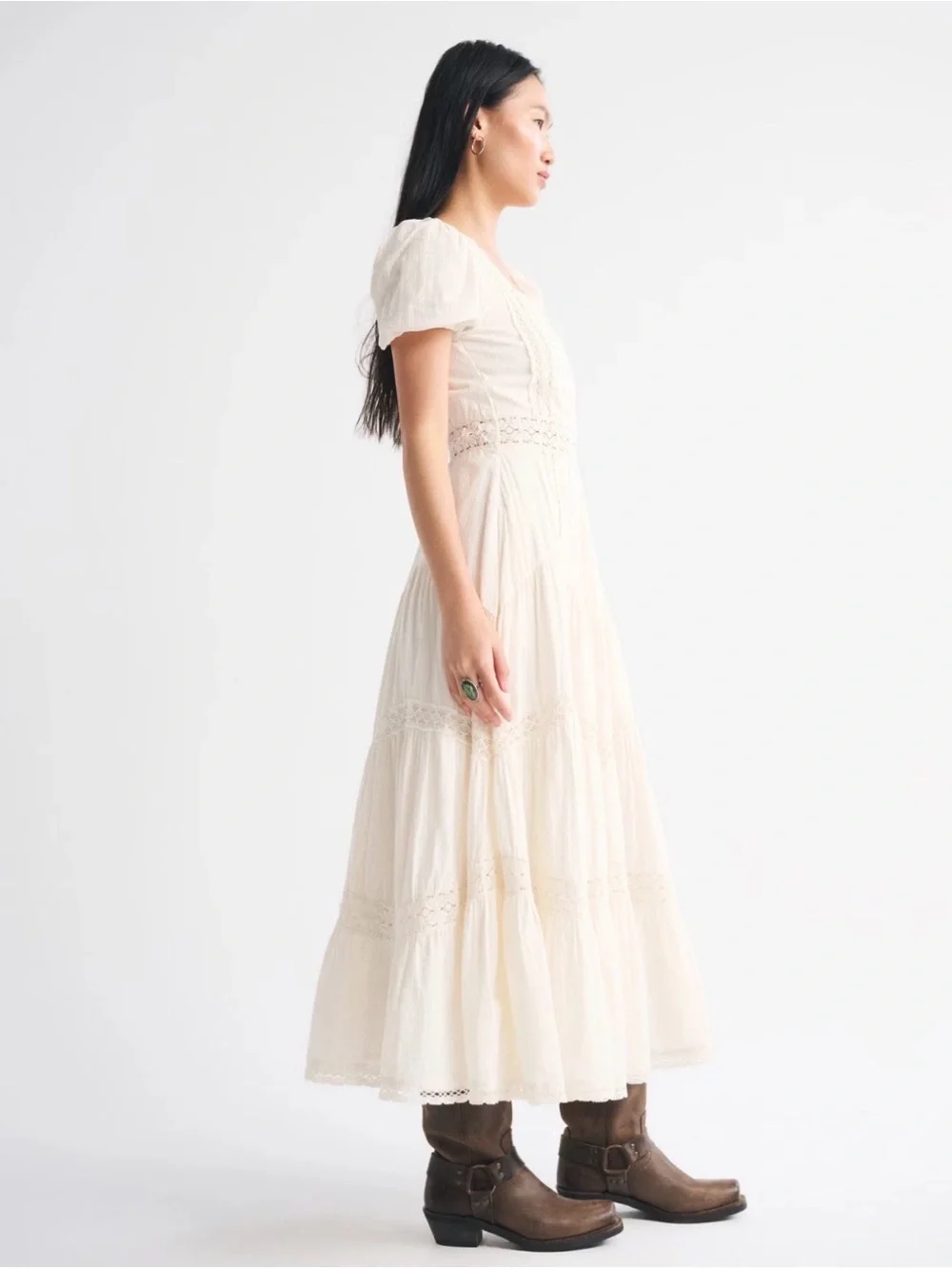 Abercrombie & Fitch Cream Puff Sleeve Lace Maxi Dress